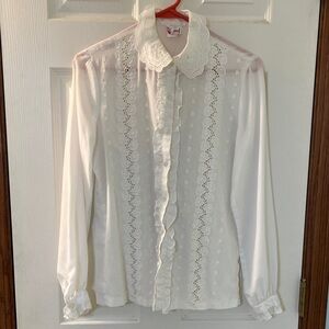 Vintage Sheer White Ruffled & Eyelet Button Down Blouse Women’s Small/Medium